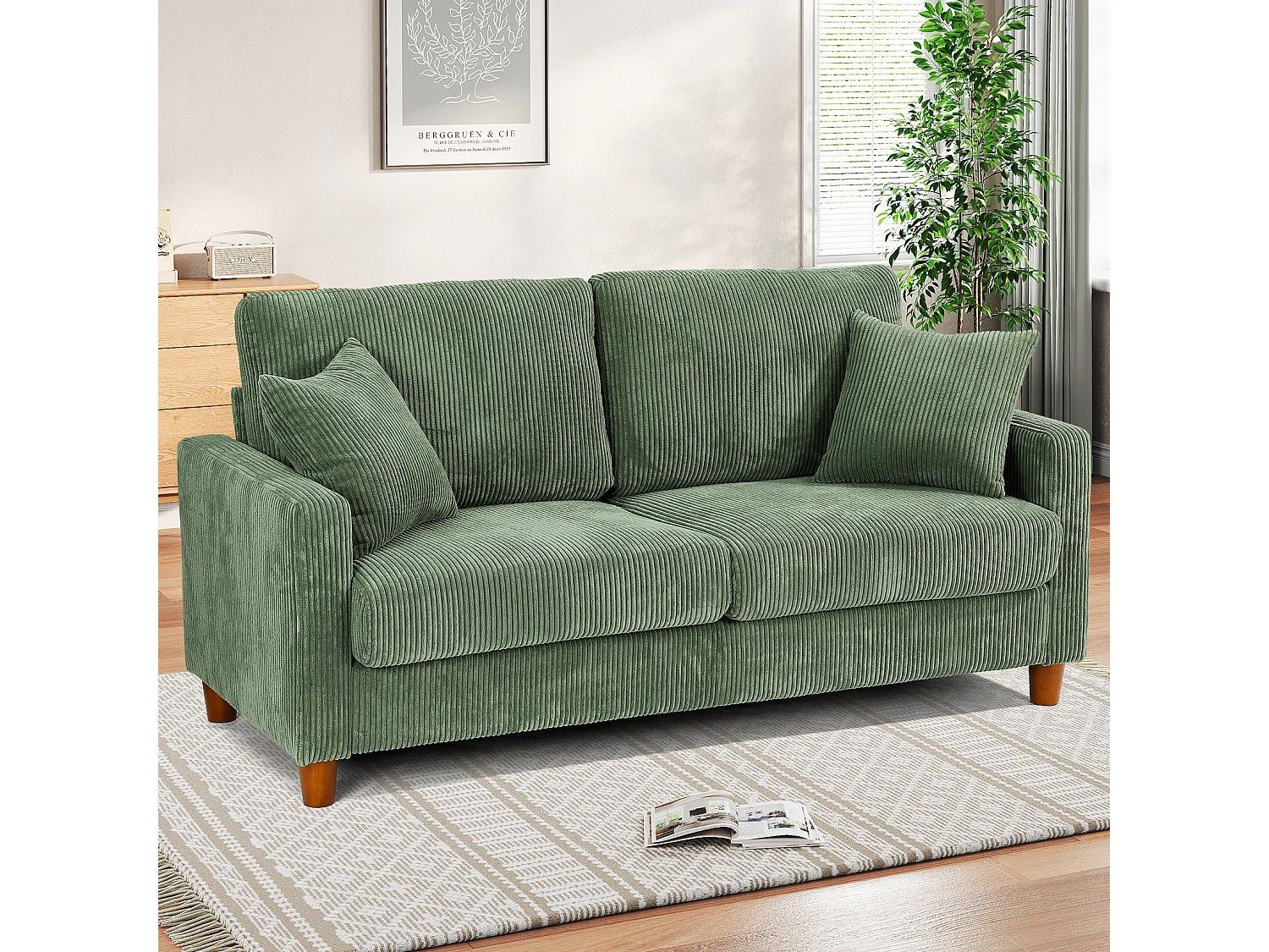 - Divano in velluto a coste a costine da 2, grande divano destro imbottito moderno con sedili extra profondi da 56 cm - 2 cuscini - 178x76x89cm - verde