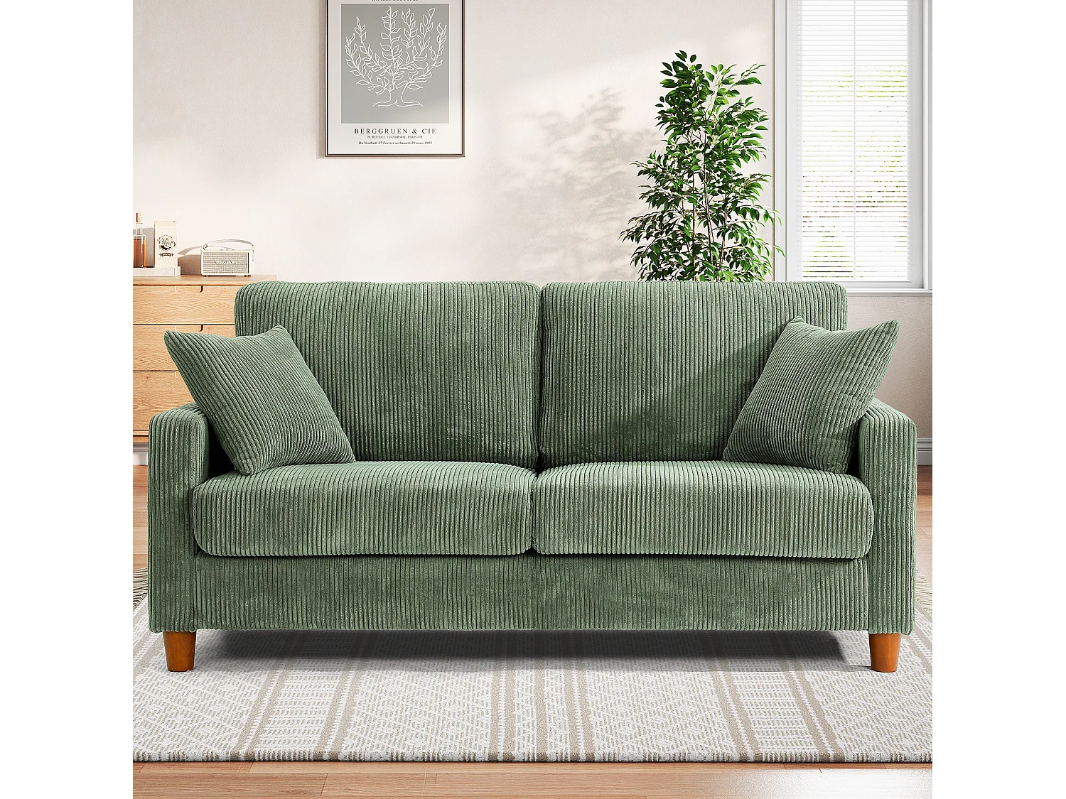 - Divano in velluto a coste a costine da 2, grande divano destro imbottito moderno con sedili extra profondi da 56 cm - 2 cuscini - 178x76x89cm - verde