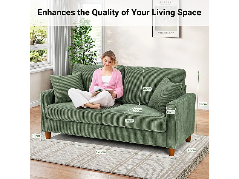 2-zitsbank van corduroy, moderne grote gestoffeerde rechte bank met extra diepe zitplaatsen van 56 cm - 2 kussens - 178x76x89cm - groen