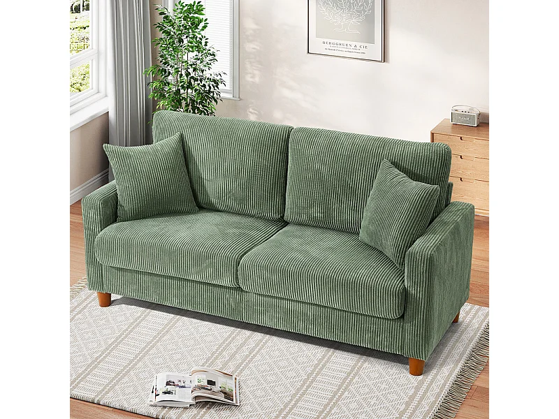 2-zitsbank van corduroy, moderne grote gestoffeerde rechte bank met extra diepe zitplaatsen van 56 cm - 2 kussens - 178x76x89cm - groen