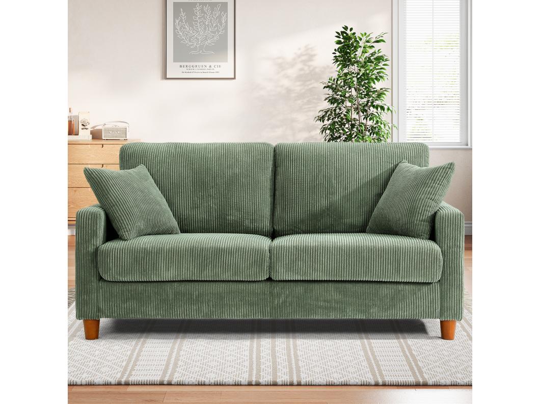 2-zitsbank van corduroy, moderne grote gestoffeerde rechte bank met extra diepe zitplaatsen van 56 cm - 2 kussens - 178x76x89cm - groen