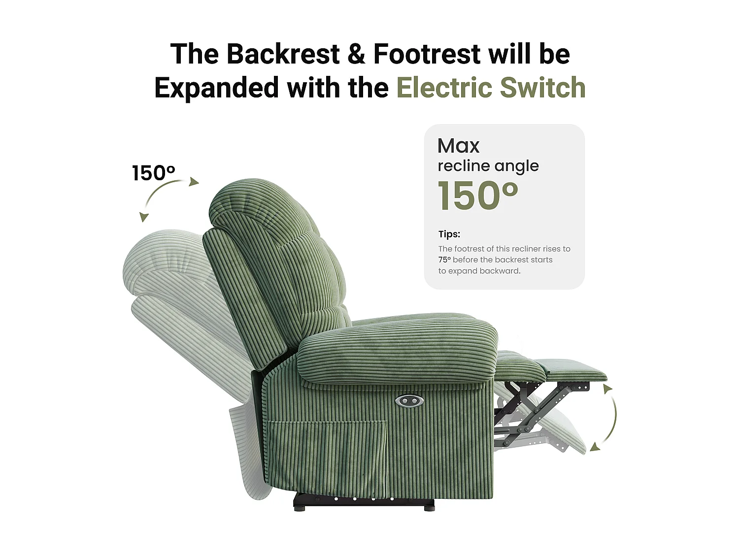 Relaxfauteuil Elektrische corduroy fauteuil, verstelbare vrijetijdsfauteuil met USB, verstelbare rugleuning, antistatisch met voetsteun - 96x97x104cm groen