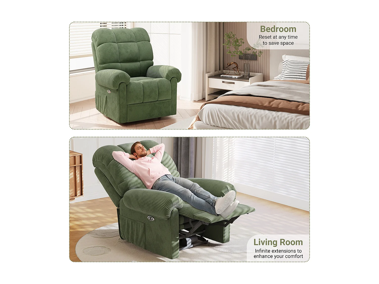 Relaxfauteuil Elektrische corduroy fauteuil, verstelbare vrijetijdsfauteuil met USB, verstelbare rugleuning, antistatisch met voetsteun - 96x97x104cm groen