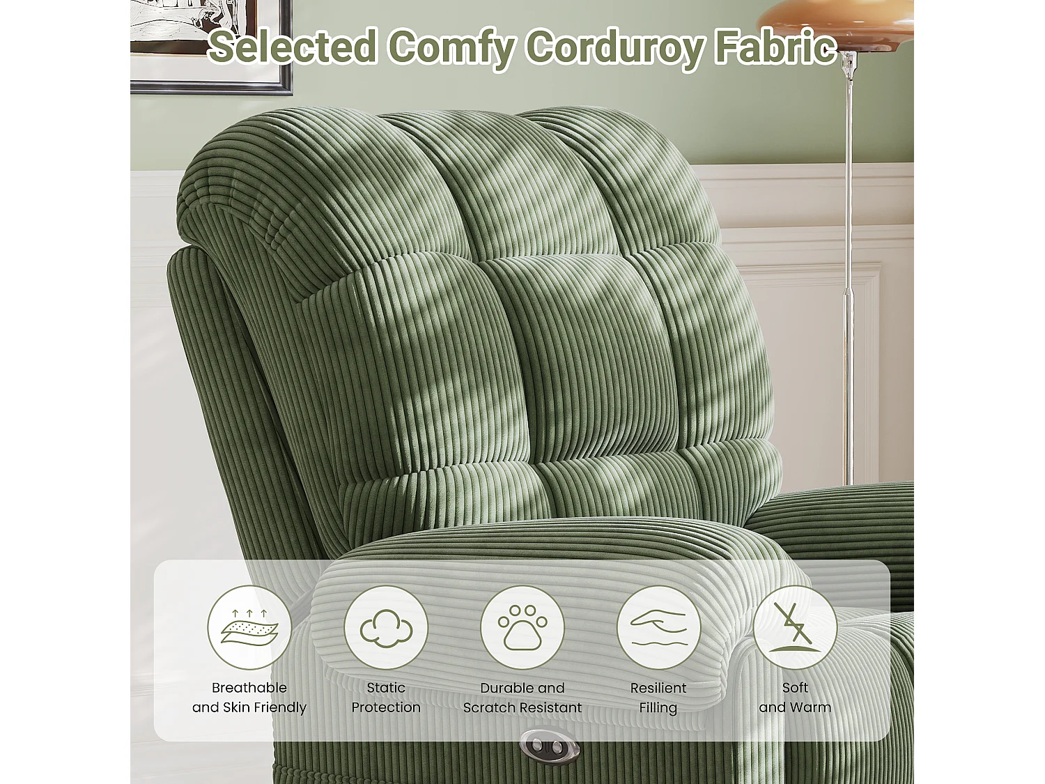 Relaxfauteuil Elektrische corduroy fauteuil, verstelbare vrijetijdsfauteuil met USB, verstelbare rugleuning, antistatisch met voetsteun - 96x97x104cm groen
