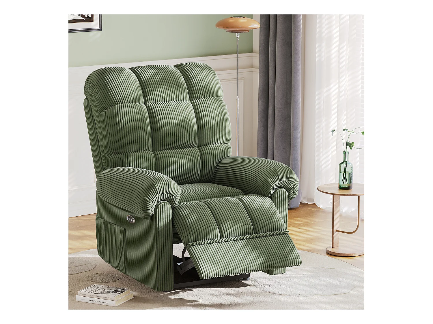 Fauteuil Relax Fauteuil électrique en Velours Côtelé,Fauteuil à loisirs Réglable avec USB,Dossier Réglable,Anti-statique avec Repose Pieds - 96x97x104cm Vert