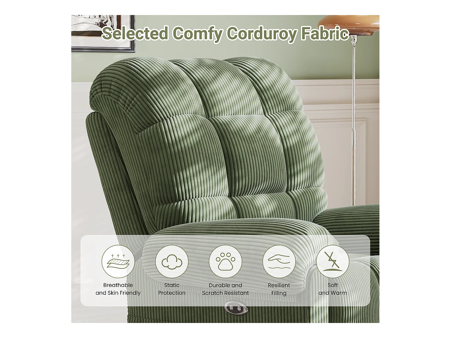 Fauteuil Relax Fauteuil électrique en Velours Côtelé,Fauteuil à loisirs Réglable avec USB,Dossier Réglable,Anti-statique avec Repose Pieds - 96x97x104cm Vert