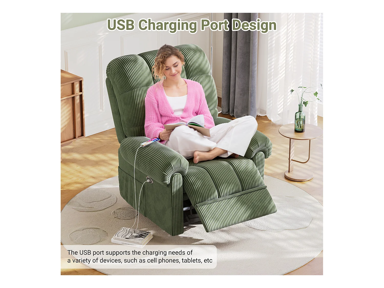 Fauteuil Relax Fauteuil électrique en Velours Côtelé,Fauteuil à loisirs Réglable avec USB,Dossier Réglable,Anti-statique avec Repose Pieds - 96x97x104cm Vert