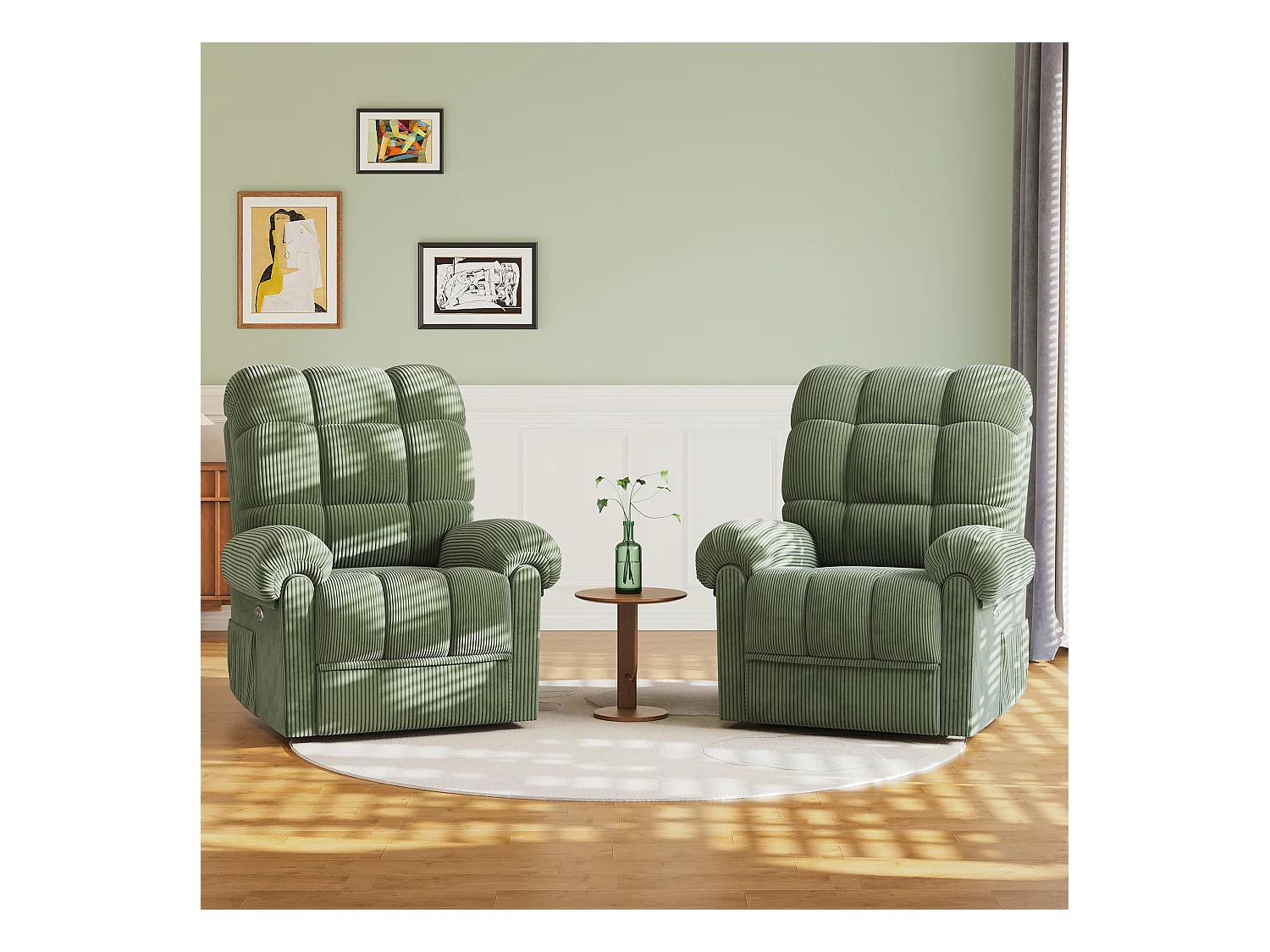 Fauteuil Relax Fauteuil électrique en Velours Côtelé,Fauteuil à loisirs Réglable avec USB,Dossier Réglable,Anti-statique avec Repose Pieds - 96x97x104cm Vert
