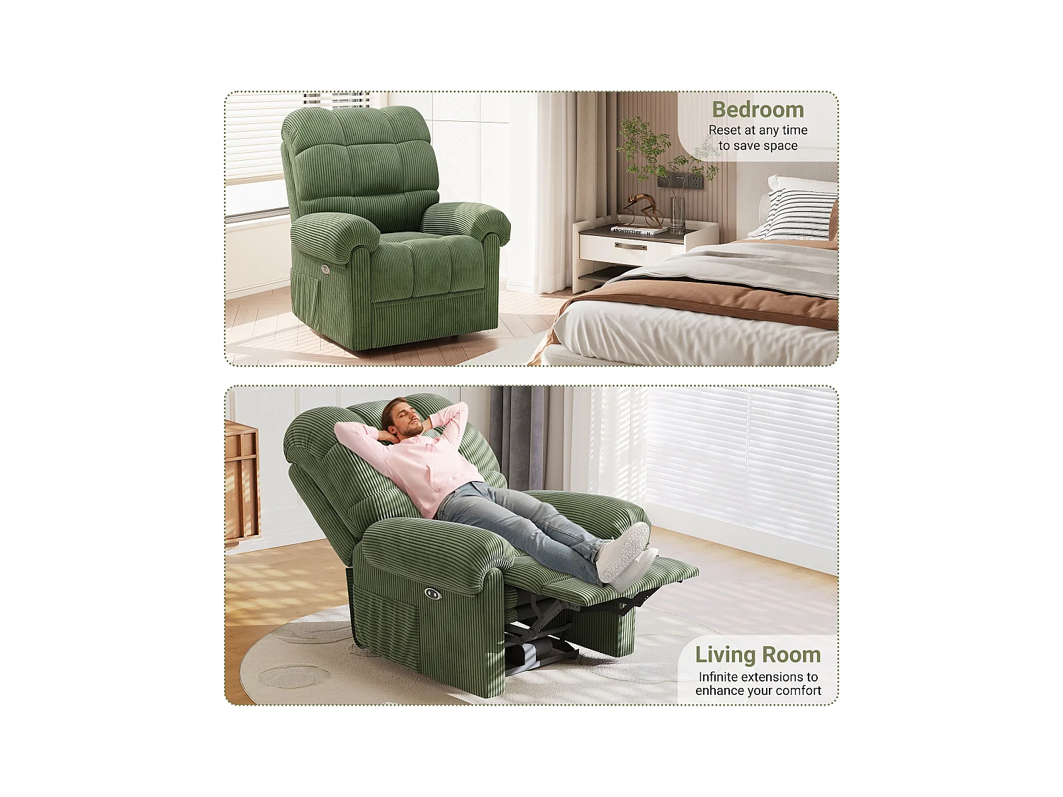 Fauteuil Relax Fauteuil électrique en Velours Côtelé,Fauteuil à loisirs Réglable avec USB,Dossier Réglable,Anti-statique avec Repose Pieds - 96x97x104cm Vert
