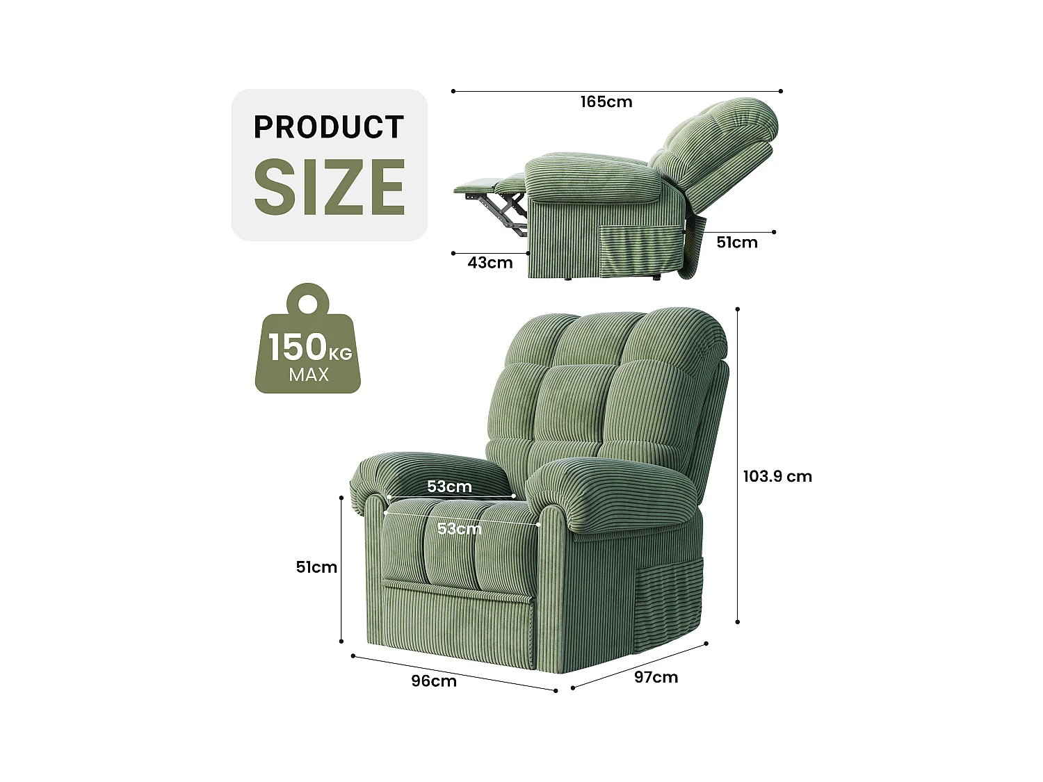 Fauteuil Relax Fauteuil électrique en Velours Côtelé,Fauteuil à loisirs Réglable avec USB,Dossier Réglable,Anti-statique avec Repose Pieds - 96x97x104cm Vert