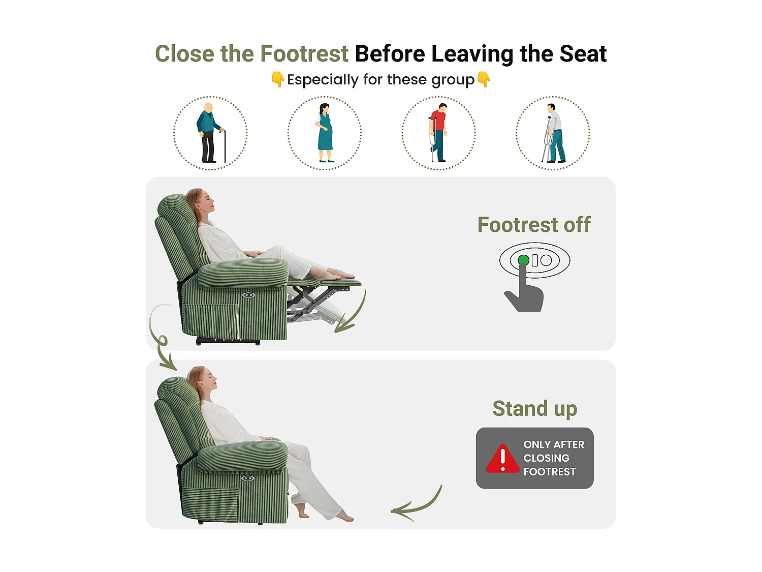 Fauteuil Relax Fauteuil électrique en Velours Côtelé,Fauteuil à loisirs Réglable avec USB,Dossier Réglable,Anti-statique avec Repose Pieds - 96x97x104cm Vert
