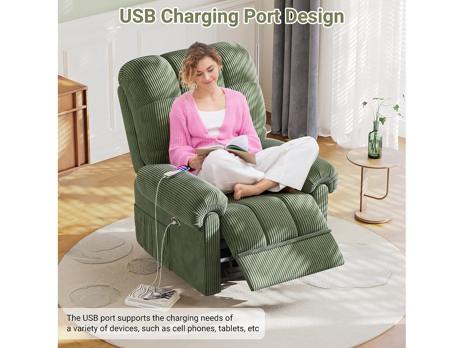 Fauteuil Relax Fauteuil électrique en Velours Côtelé,Fauteuil à loisirs Réglable avec USB,Dossier Réglable,Anti-statique avec Repose Pieds - 96x97x104cm Vert