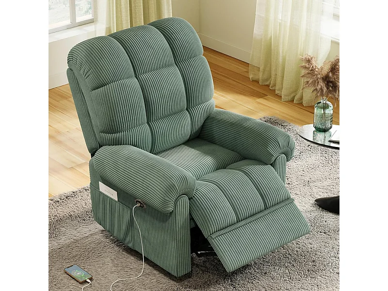 Relaxfauteuil Elektrische corduroy fauteuil, verstelbare vrijetijdsfauteuil met USB, verstelbare rugleuning, antistatisch met voetsteun - 96x97x104cm groen