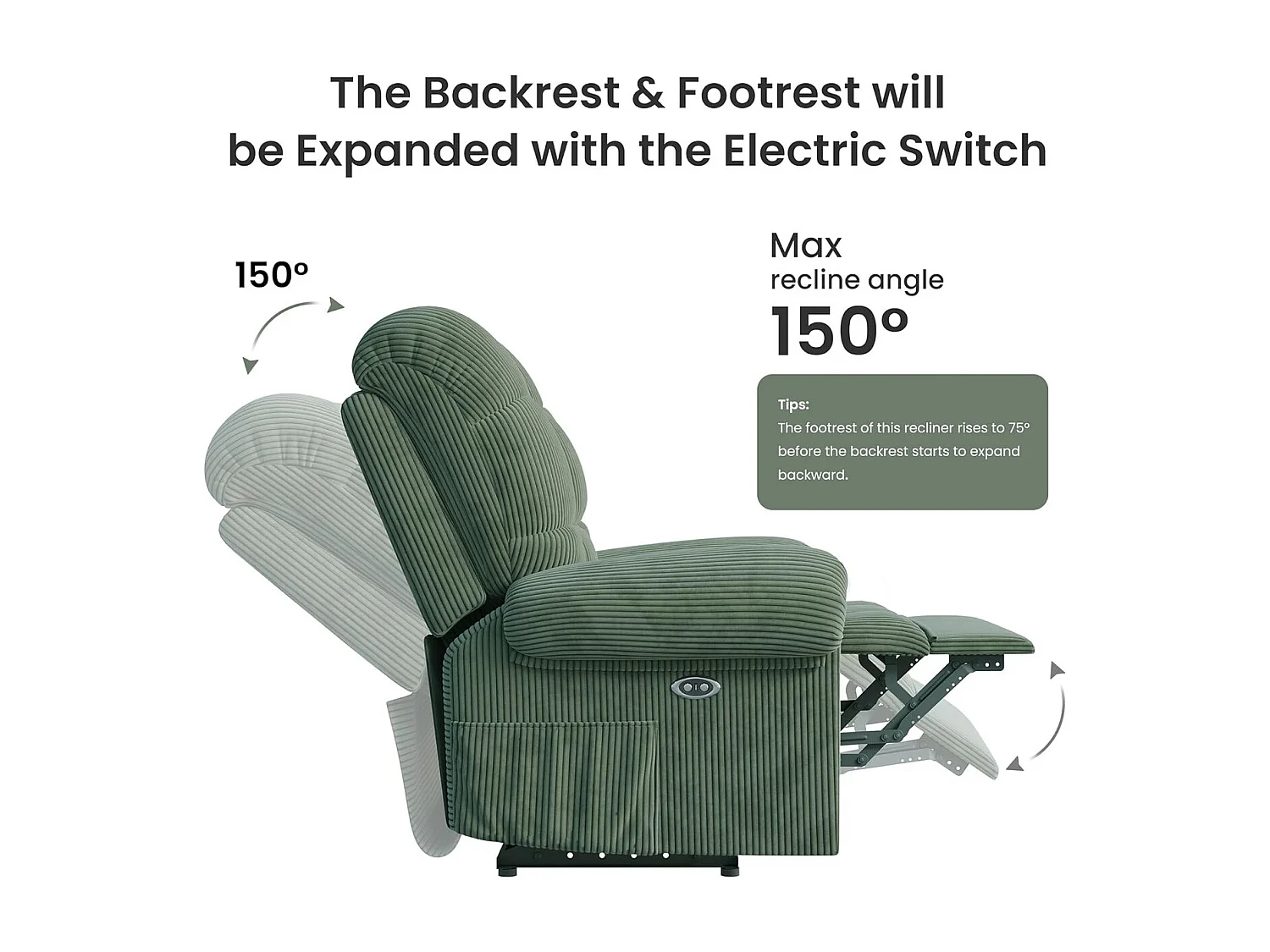 Relaxfauteuil Elektrische corduroy fauteuil, verstelbare vrijetijdsfauteuil met USB, verstelbare rugleuning, antistatisch met voetsteun - 96x97x104cm groen