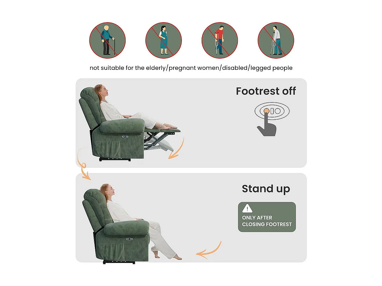 Relaxfauteuil Elektrische corduroy fauteuil, verstelbare vrijetijdsfauteuil met USB, verstelbare rugleuning, antistatisch met voetsteun - 96x97x104cm groen