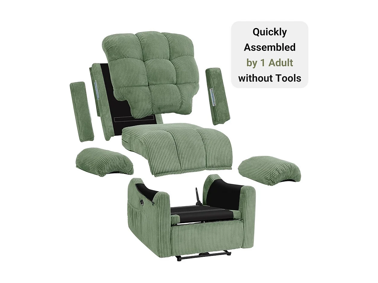 Relaxfauteuil Elektrische corduroy fauteuil, verstelbare vrijetijdsfauteuil met USB, verstelbare rugleuning, antistatisch met voetsteun - 96x97x104cm groen