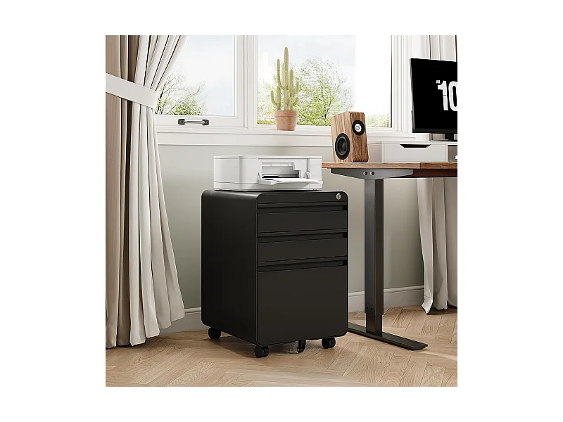 Caisson de Bureau à Roulette 3 Tiroirs,Meuble Dossier Suspendu,Classeur Métal Verrouillable pour Bureau,Bureau à Domicile - 40x45x60cm - Noir