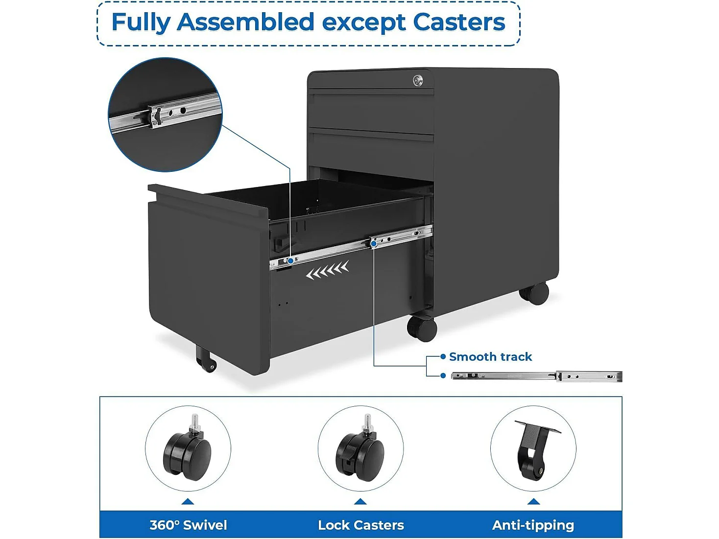 Kantooreenheid op wielen 3 laden, hangende archiefkast, afsluitbare metalen archiefkast voor kantoor, thuiskantoor - 40x45x60cm - zwart