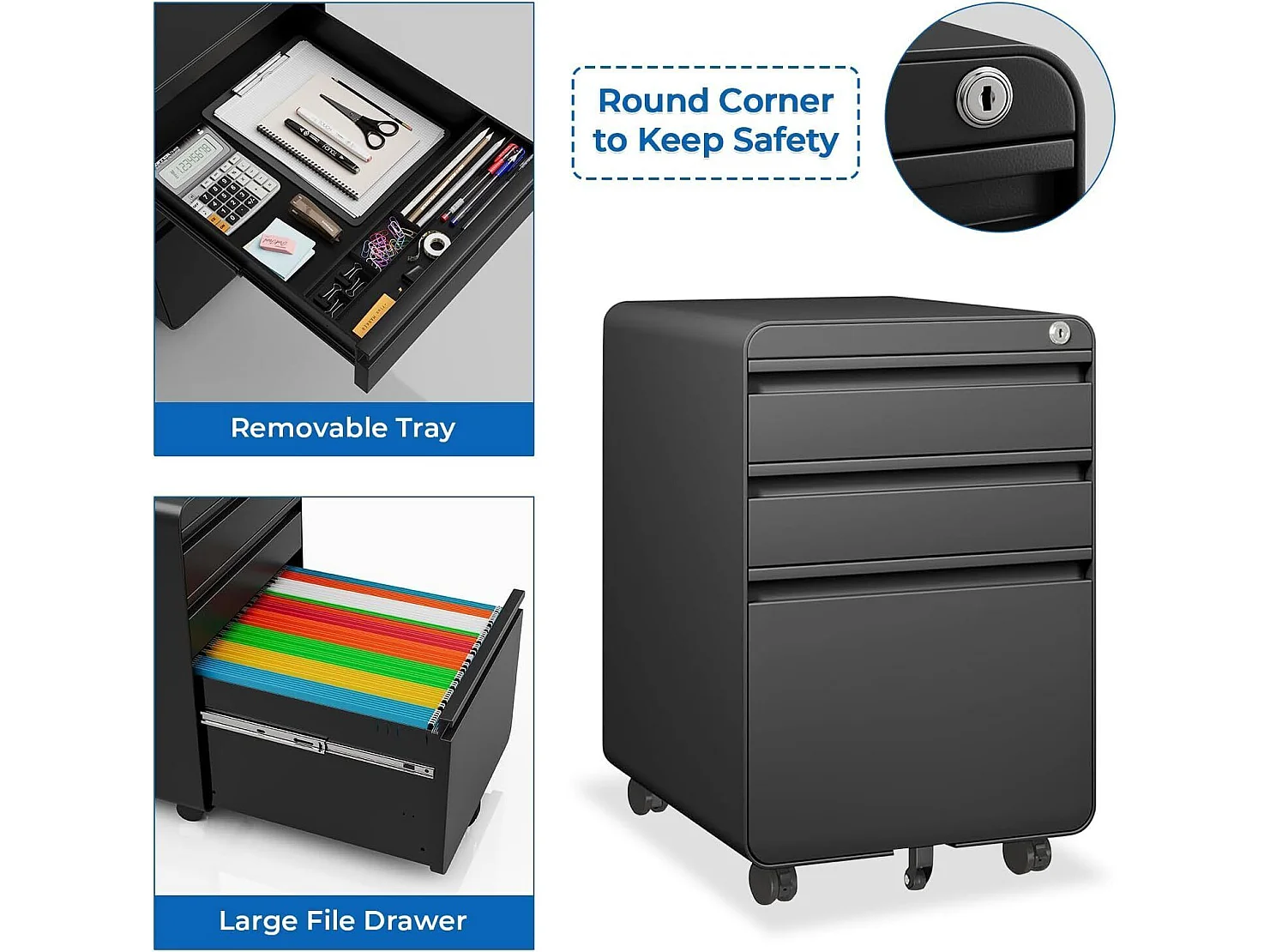 Kantooreenheid op wielen 3 laden, hangende archiefkast, afsluitbare metalen archiefkast voor kantoor, thuiskantoor - 40x45x60cm - zwart