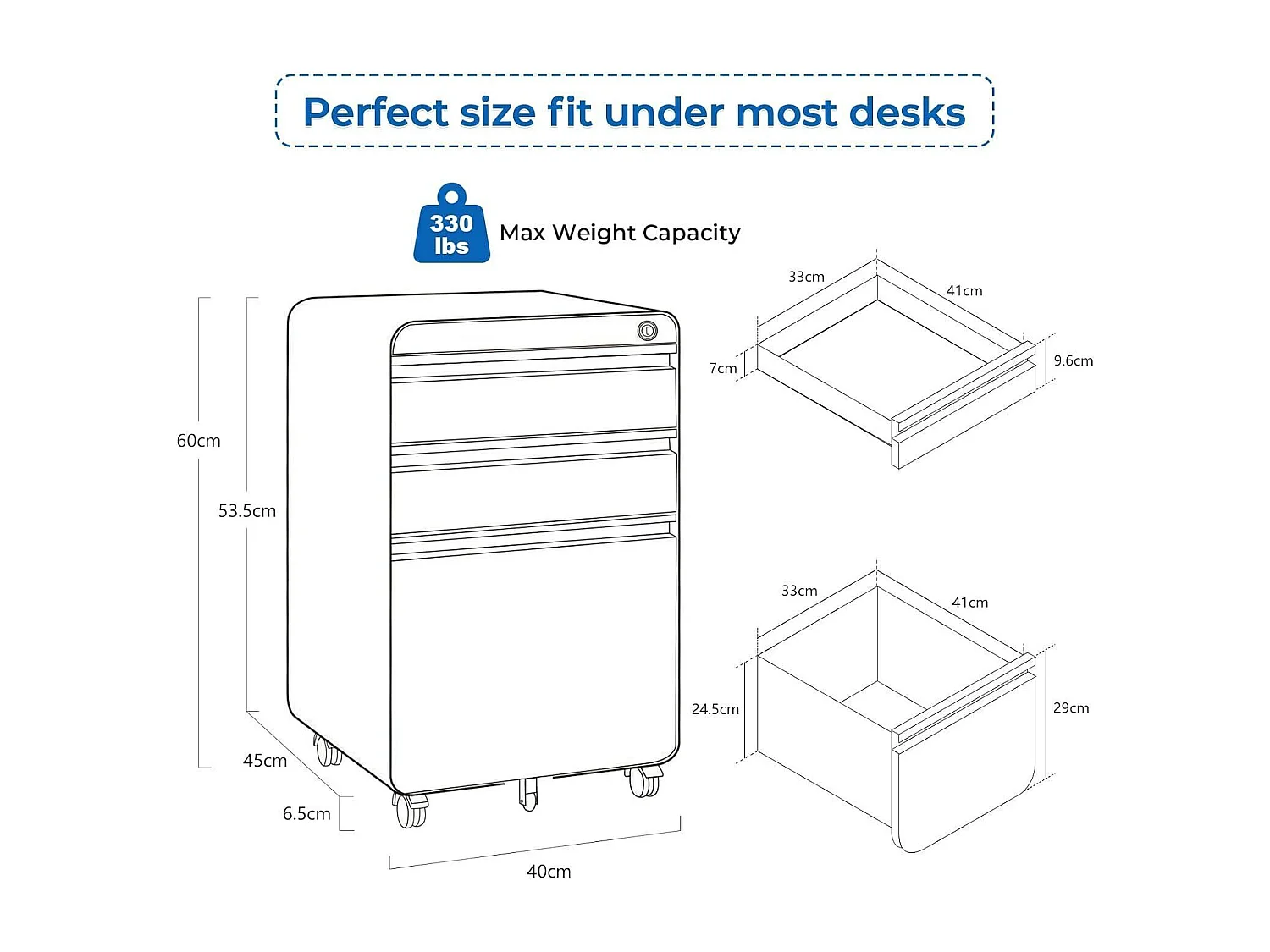 Kantooreenheid op wielen 3 laden, hangende archiefkast, afsluitbare metalen archiefkast voor kantoor, thuiskantoor - 40x45x60cm - zwart