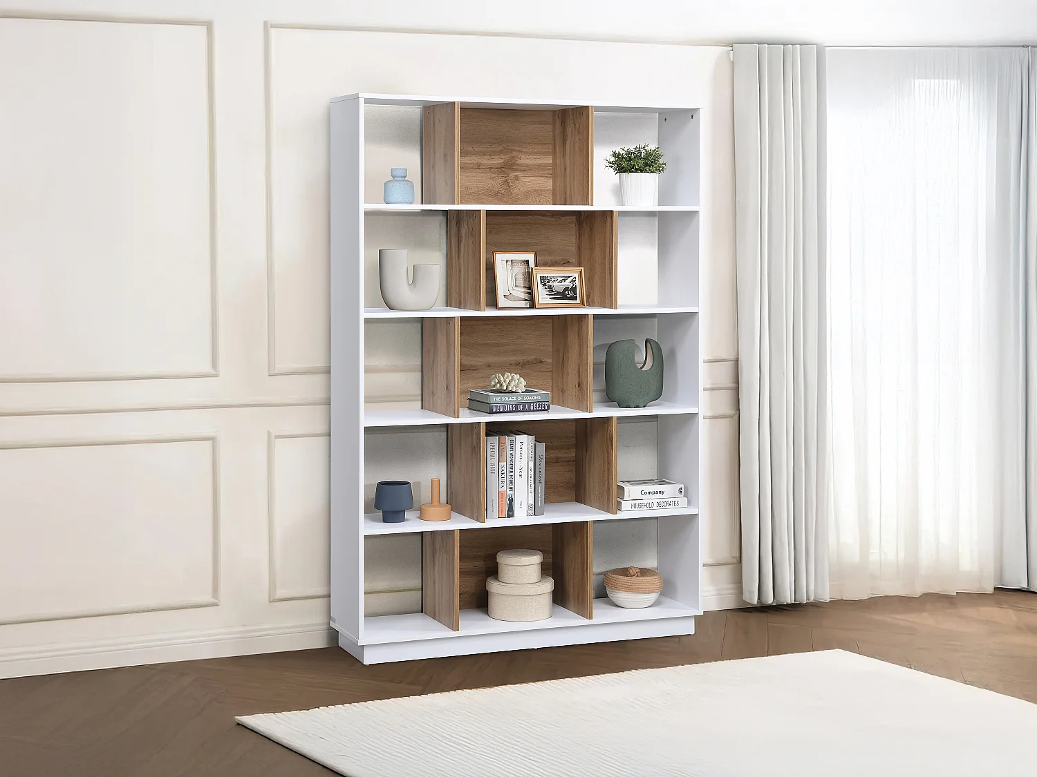 Bibliothèque avec 15 niches - Blanc et Naturel - DALENOR