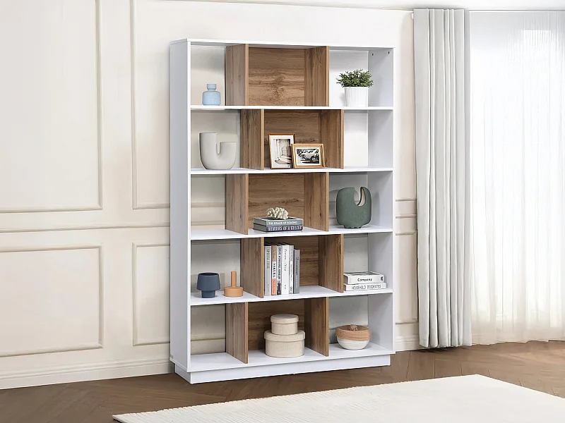 Bibliothèque avec 15 niches - Blanc et Naturel - DALENOR