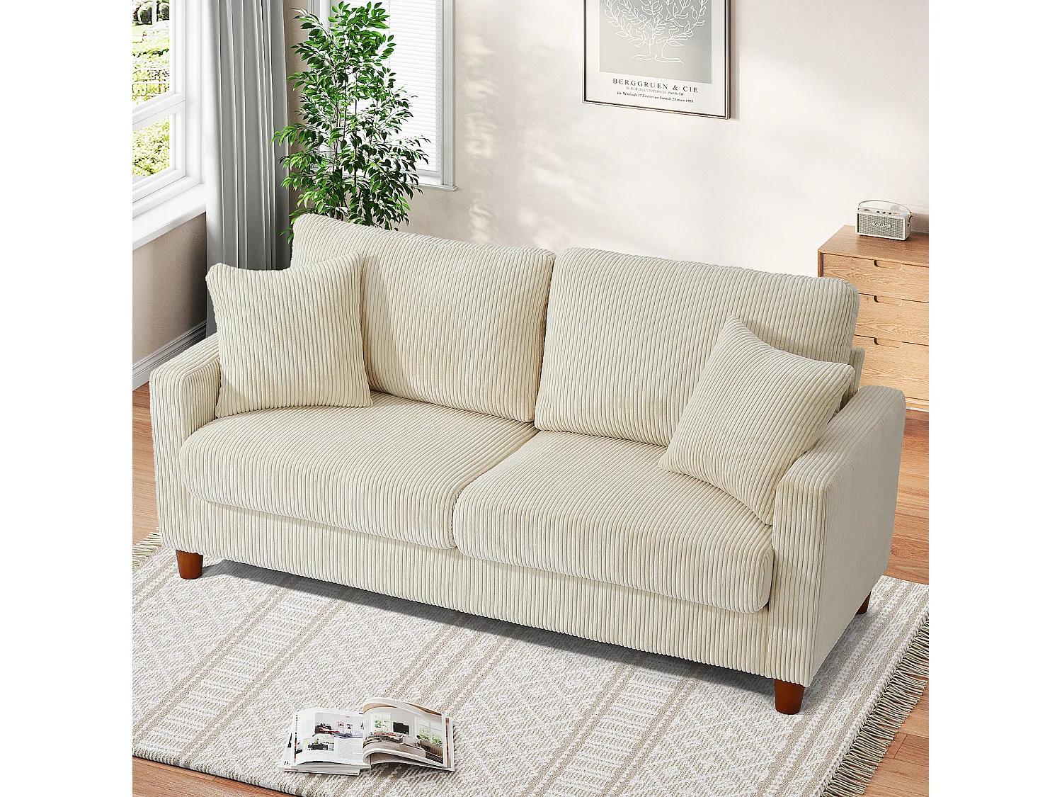 Sofá de veludo cotelê de 2 lugares, Sofá estofado moderno reto grande com assentos extra profundos 56cm - 2 almofadas - 178x76x89cm - Bege