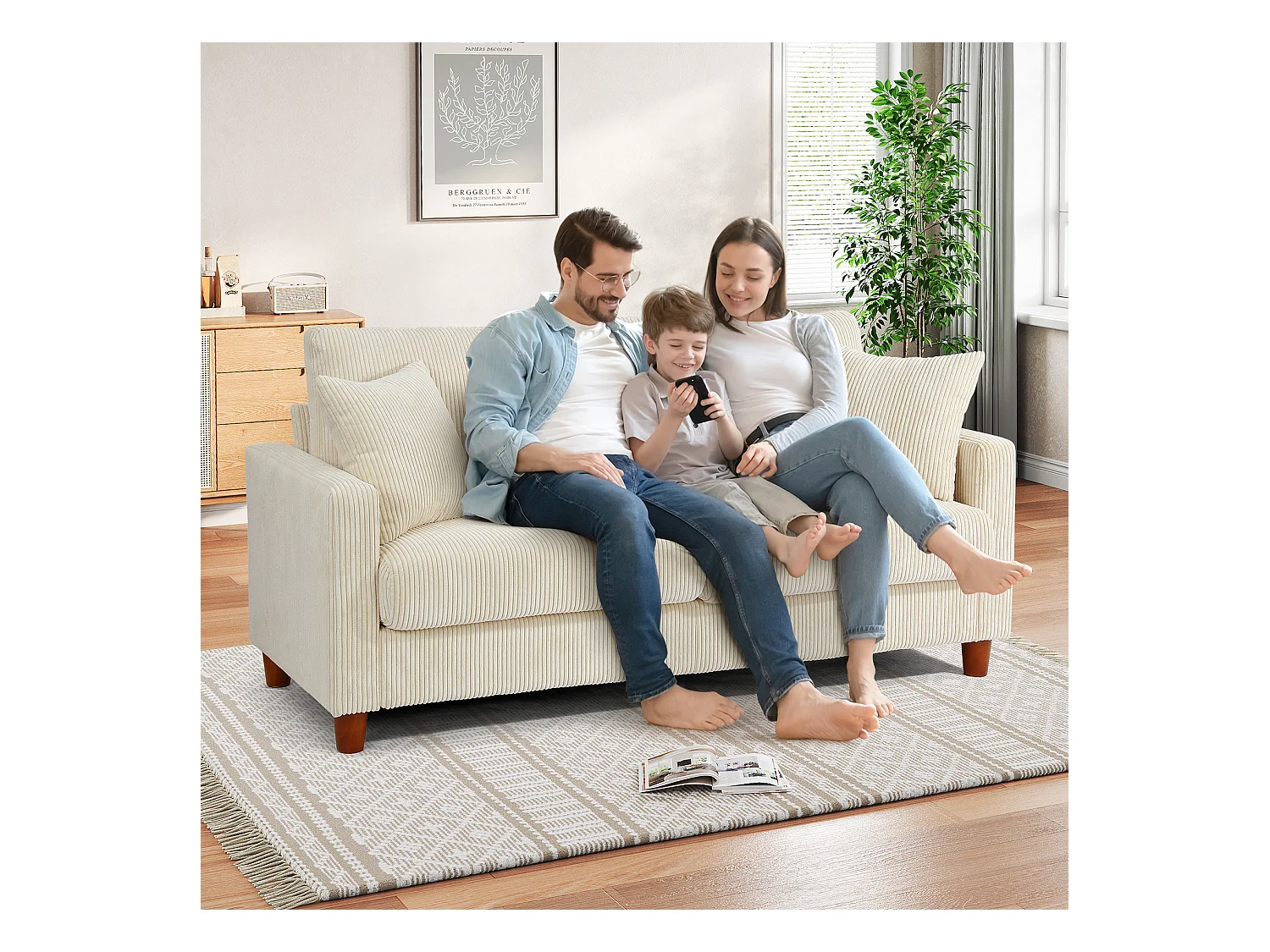 Sofá de veludo cotelê de 2 lugares, Sofá estofado moderno reto grande com assentos extra profundos 56cm - 2 almofadas - 178x76x89cm - Bege