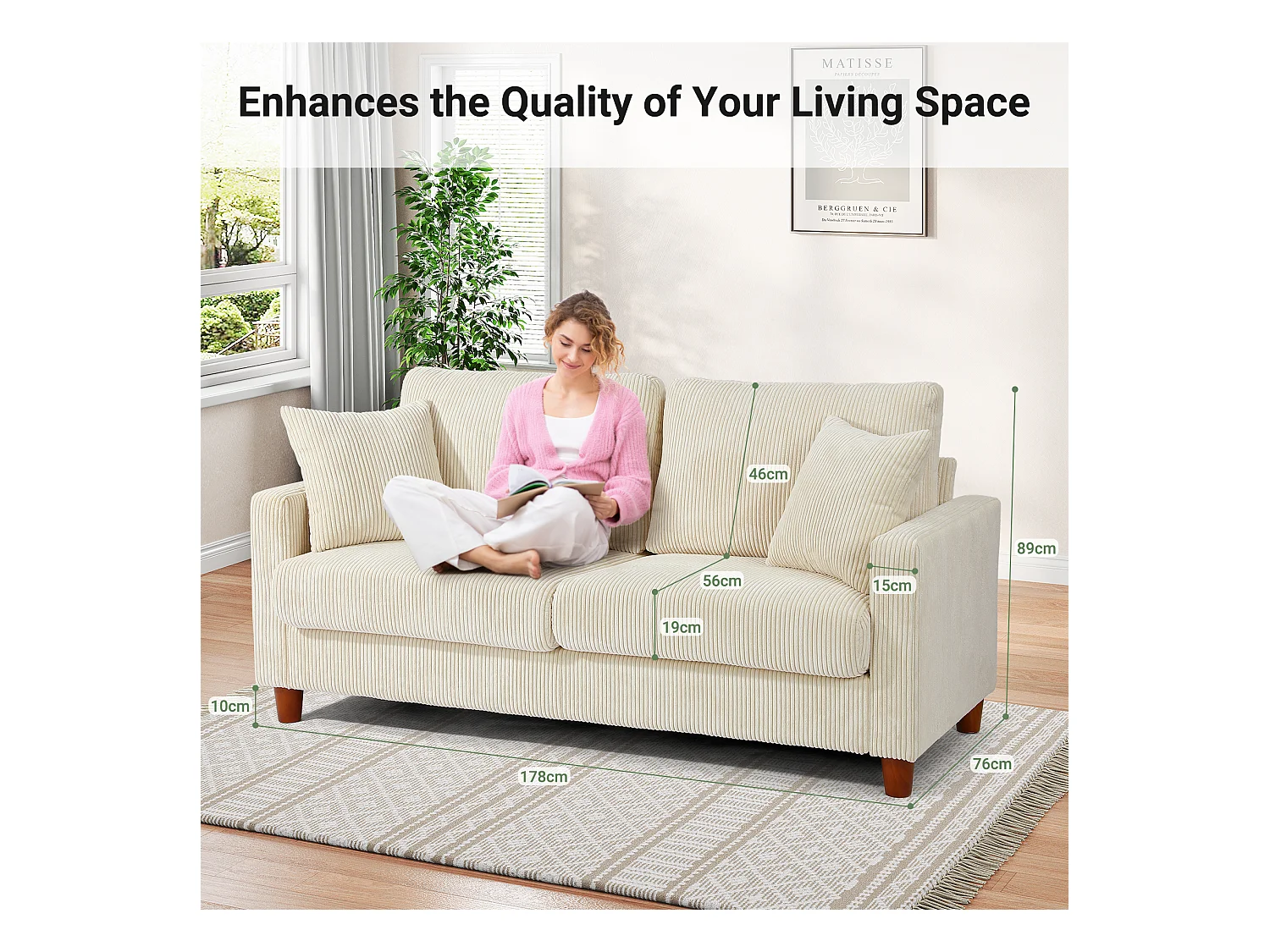 Sofá de veludo cotelê de 2 lugares, Sofá estofado moderno reto grande com assentos extra profundos 56cm - 2 almofadas - 178x76x89cm - Bege