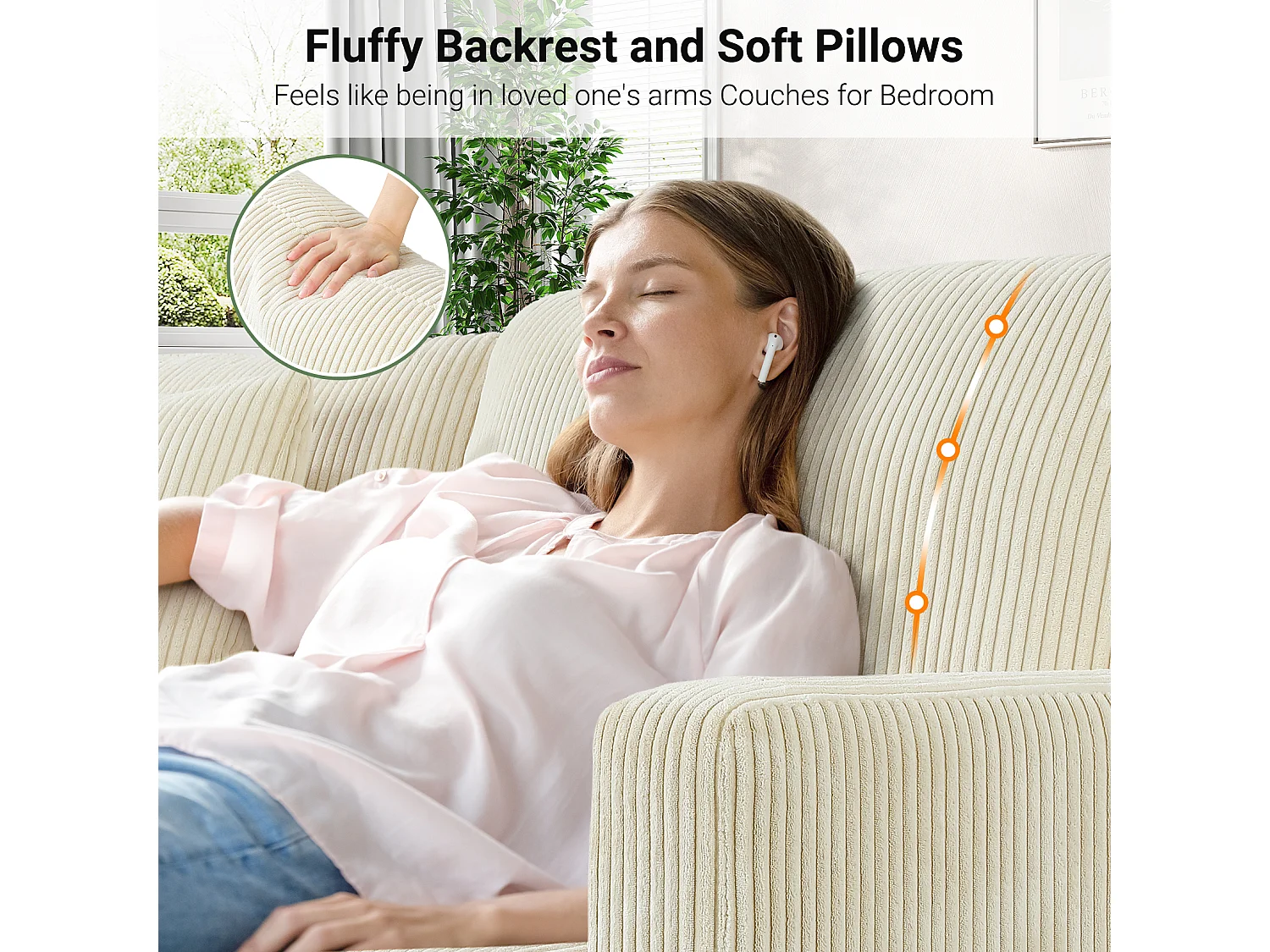 Sofá de veludo cotelê de 2 lugares, Sofá estofado moderno reto grande com assentos extra profundos 56cm - 2 almofadas - 178x76x89cm - Bege