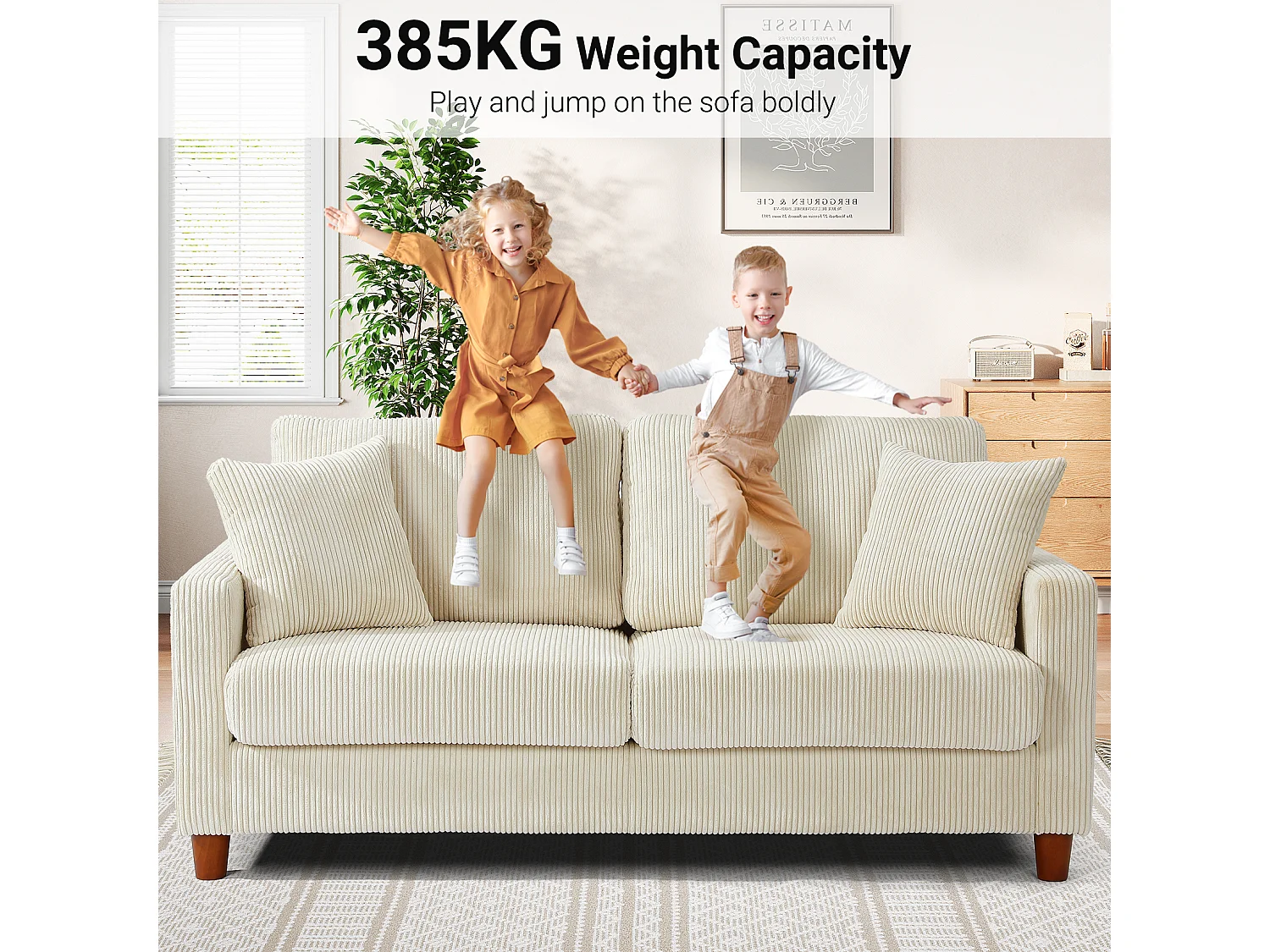 Sofá de veludo cotelê de 2 lugares, Sofá estofado moderno reto grande com assentos extra profundos 56cm - 2 almofadas - 178x76x89cm - Bege