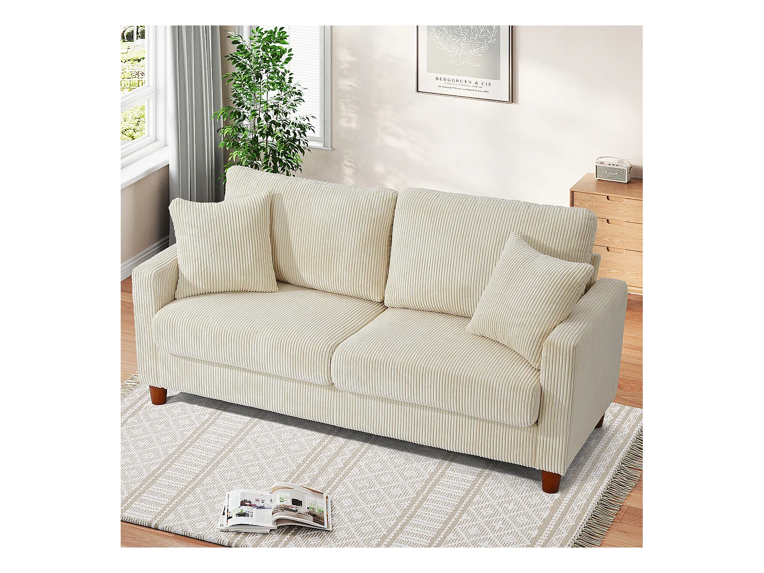 2 -seerer gerippte Samtsofa, große moderne gepolsterte rechte Sofa mit extra tiefen 56 -cm -Sitzen - 2 Kissen - 178x76x89cm - Beige - Beige