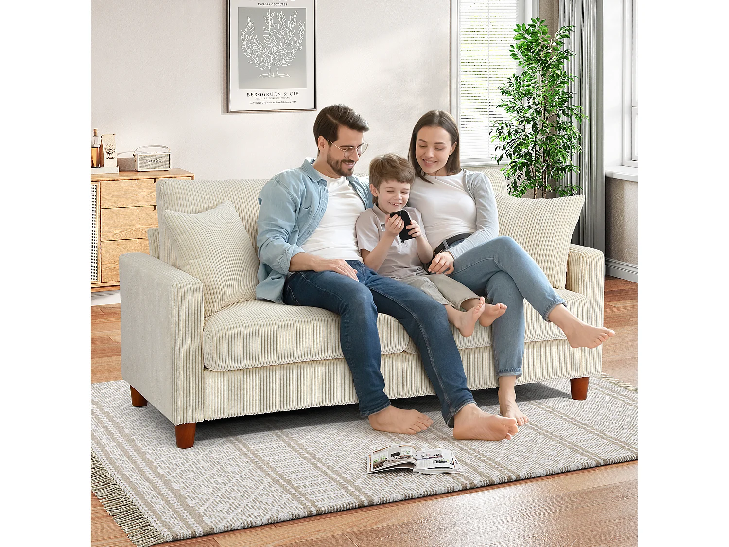 Canapé en Velours Côtelé 2 Places,Grand Canapé Droit Rembourré Moderne avec Sièges extra profonds de 56cm - 2 Coussins - 178x76x89cm - Beige