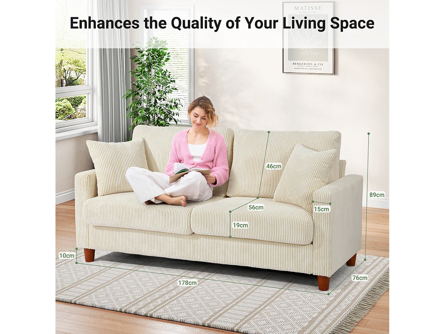 Sofá de veludo cotelê de 2 lugares, Sofá estofado moderno reto grande com assentos extra profundos 56cm - 2 almofadas - 178x76x89cm - Bege