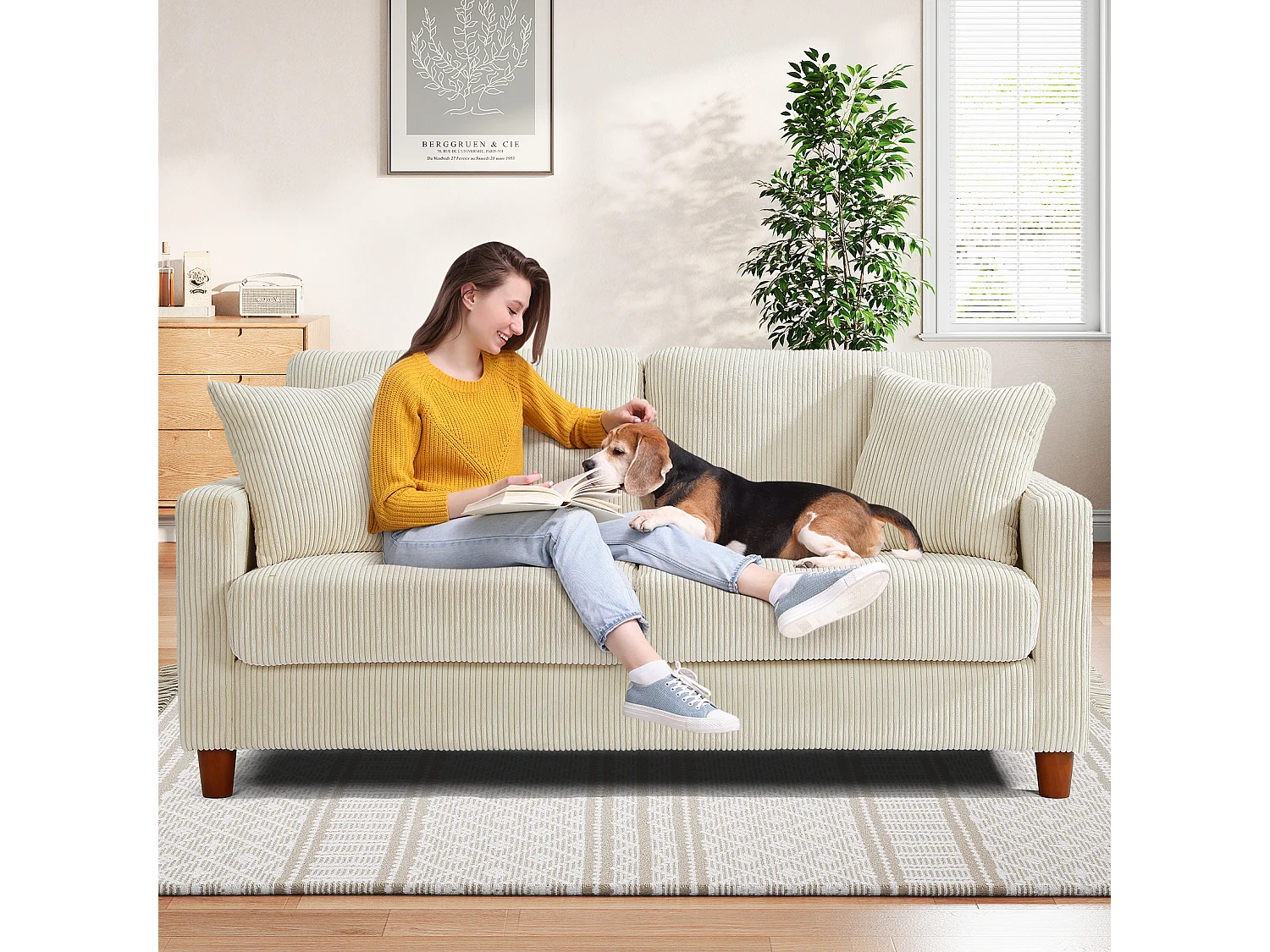 Sofá de veludo cotelê de 2 lugares, Sofá estofado moderno reto grande com assentos extra profundos 56cm - 2 almofadas - 178x76x89cm - Bege