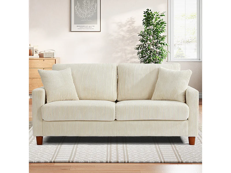 Sofá de terciopelo acanalado de 2 a 2 años, sofá derecha acolchado moderno grande con asientos extra profundos de 56 cm - 2 cojines - 178x76x89cm - beige