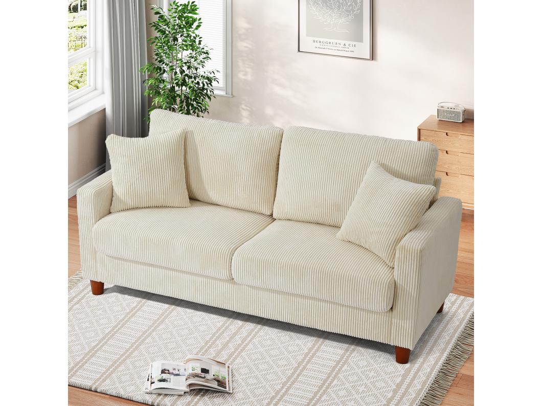 Canapé en Velours Côtelé 2 Places,Grand Canapé Droit Rembourré Moderne avec Sièges extra profonds de 56cm - 2 Coussins - 178x76x89cm - Beige