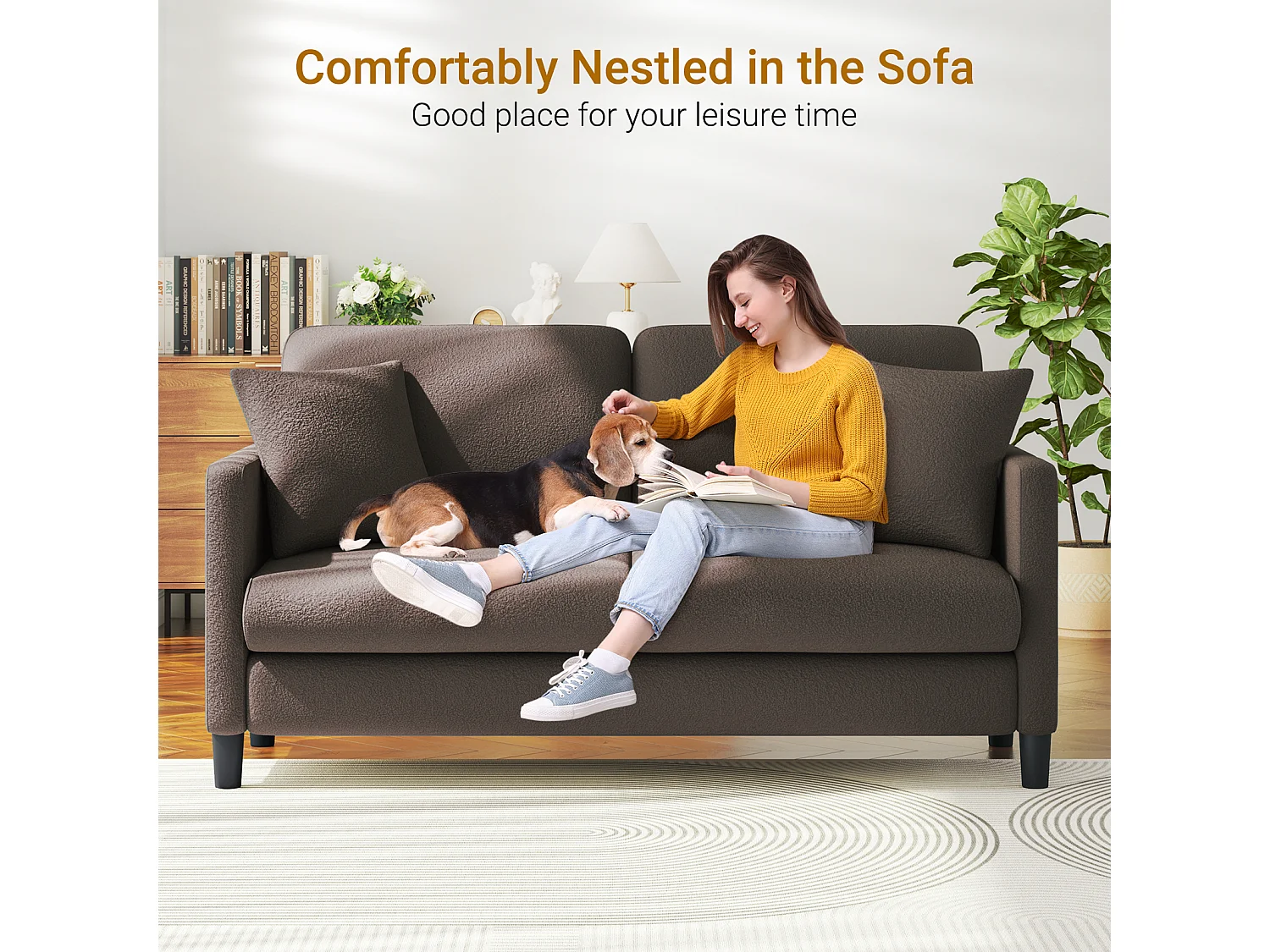 Divano 2/3 posti in Teddy Velvet, divano comfort dritto in legno massiccio, loveat con i braccioli, 165x78x89cm, marrone