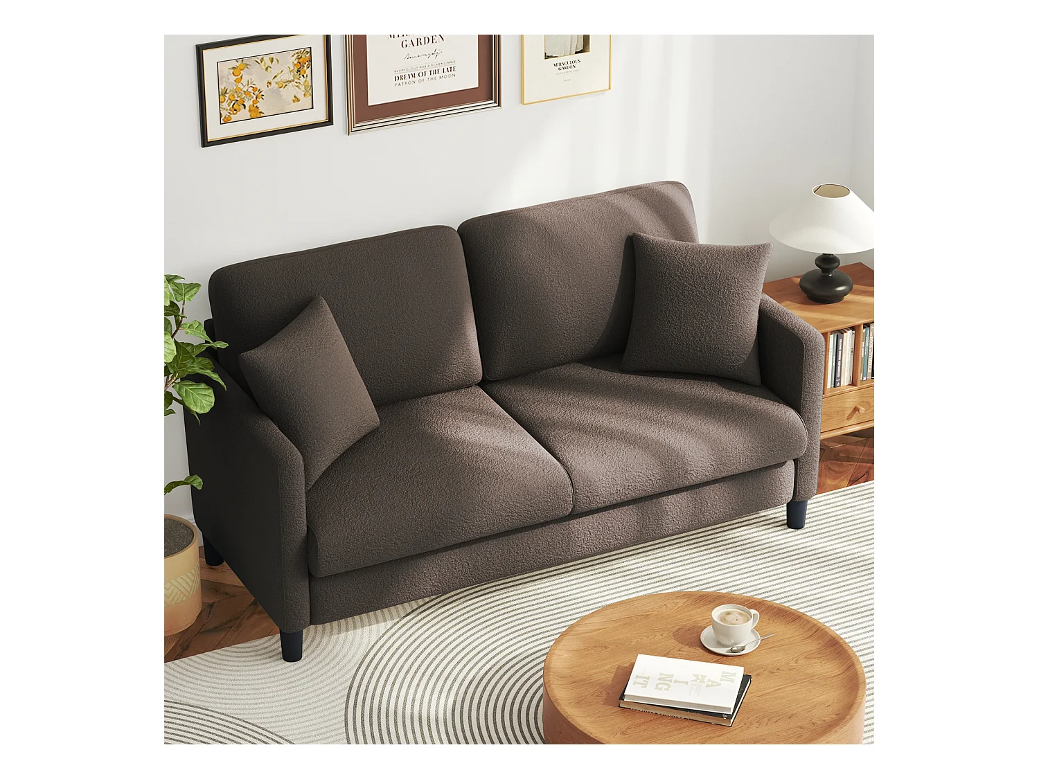 2/3 Sitze in Teddy Velvet, rechter Komfortsofa in Massivholz, Liebesseat mit Armlehnen, 165x78x89cm, Brown