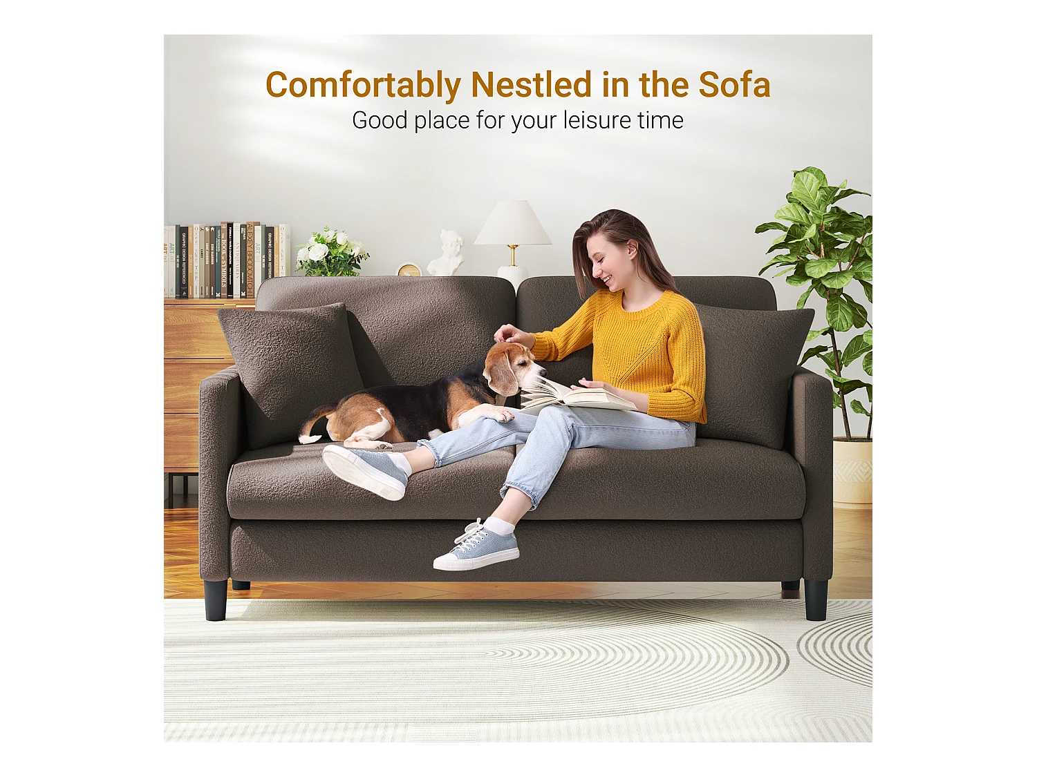 2/3-zitsbank van teddyfluweel, comfortabele rechte bank van massief hout, loveseat met armleuningen, 165x78x89cm, bruin