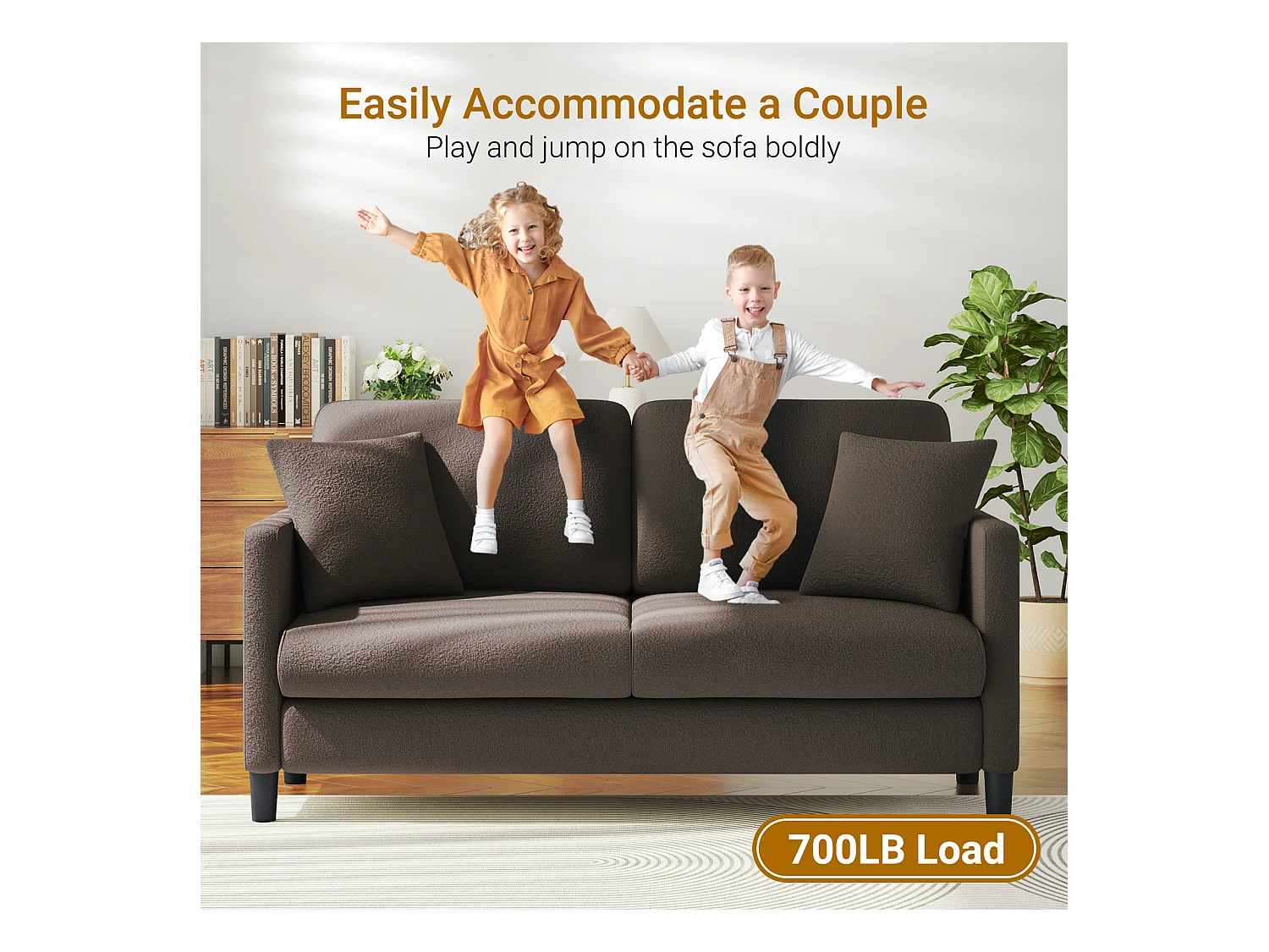 2/3-zitsbank van teddyfluweel, comfortabele rechte bank van massief hout, loveseat met armleuningen, 165x78x89cm, bruin