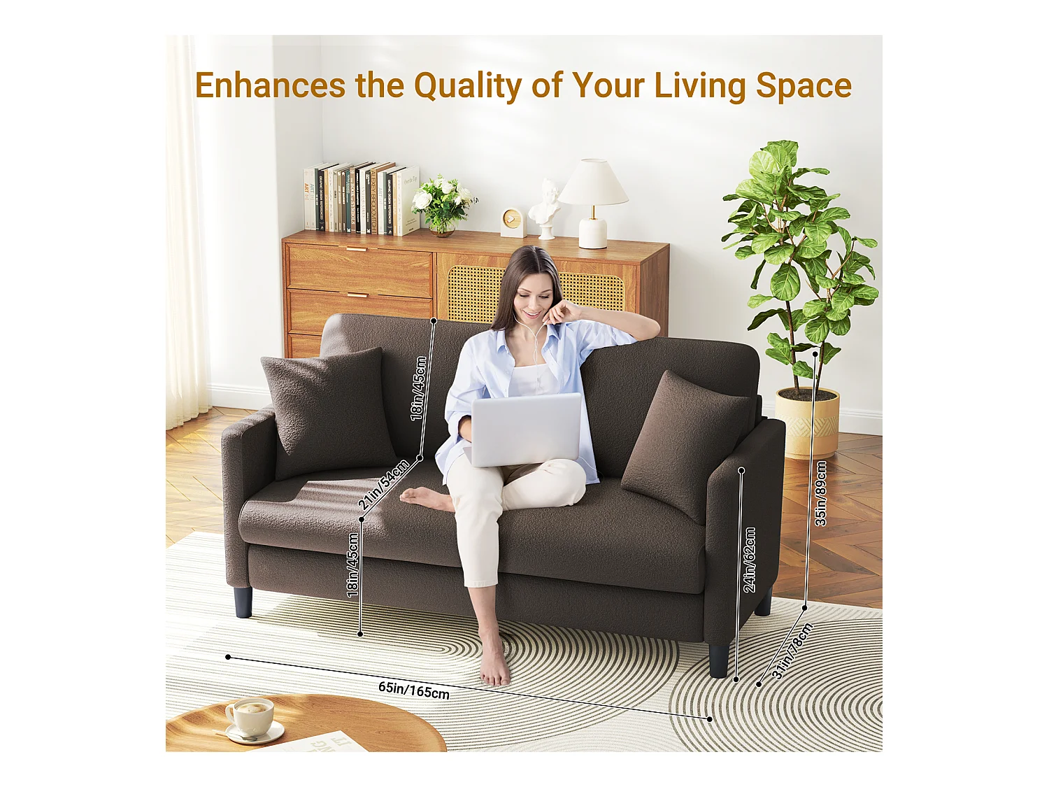 2/3-zitsbank van teddyfluweel, comfortabele rechte bank van massief hout, loveseat met armleuningen, 165x78x89cm, bruin