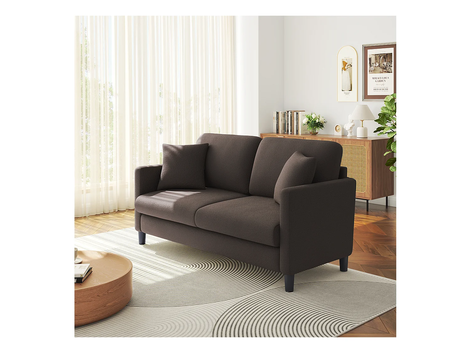 2/3-zitsbank van teddyfluweel, comfortabele rechte bank van massief hout, loveseat met armleuningen, 165x78x89cm, bruin