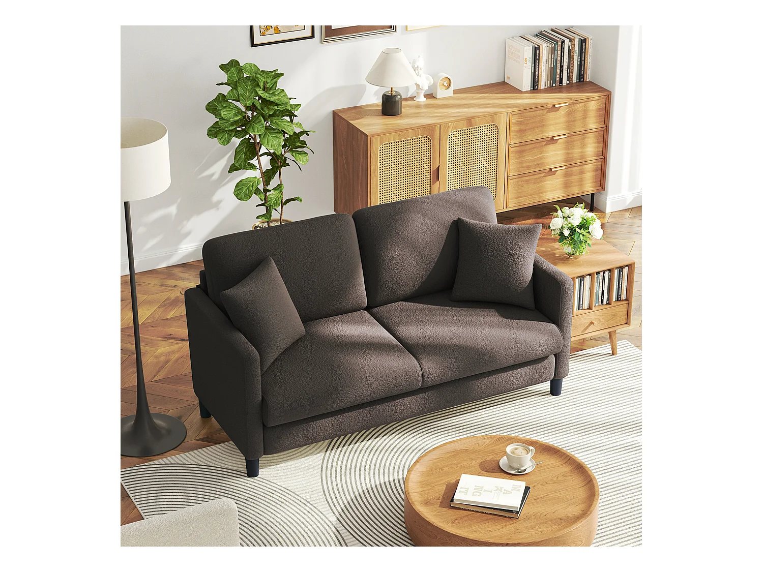 2/3-zitsbank van teddyfluweel, comfortabele rechte bank van massief hout, loveseat met armleuningen, 165x78x89cm, bruin