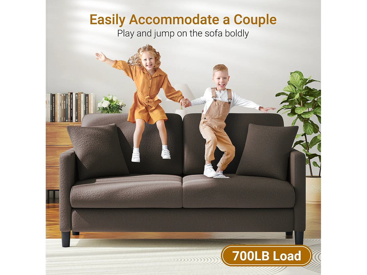 Canapé 2/3 Places en Velours Teddy,Canapé Droit Confort en Bois Massif,Loveseat avec Accoudoirs,165x78x89cm,Marron