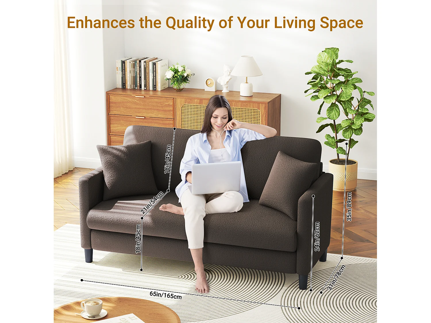 Canapé 2/3 Places en Velours Teddy,Canapé Droit Confort en Bois Massif,Loveseat avec Accoudoirs,165x78x89cm,Marron