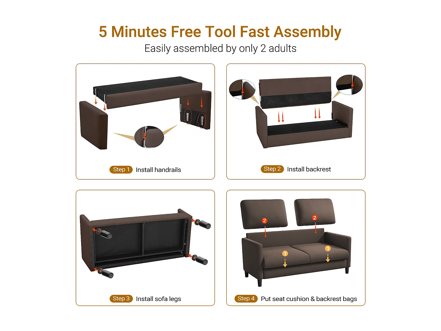 Canapé 2/3 Places en Velours Teddy,Canapé Droit Confort en Bois Massif,Loveseat avec Accoudoirs,165x78x89cm,Marron