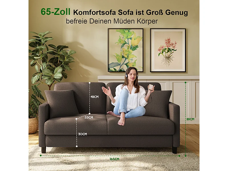 Canapé 2/3 Places en Velours Teddy,Canapé Droit Confort en Bois Massif,Loveseat avec Accoudoirs,165x78x89cm,Marron