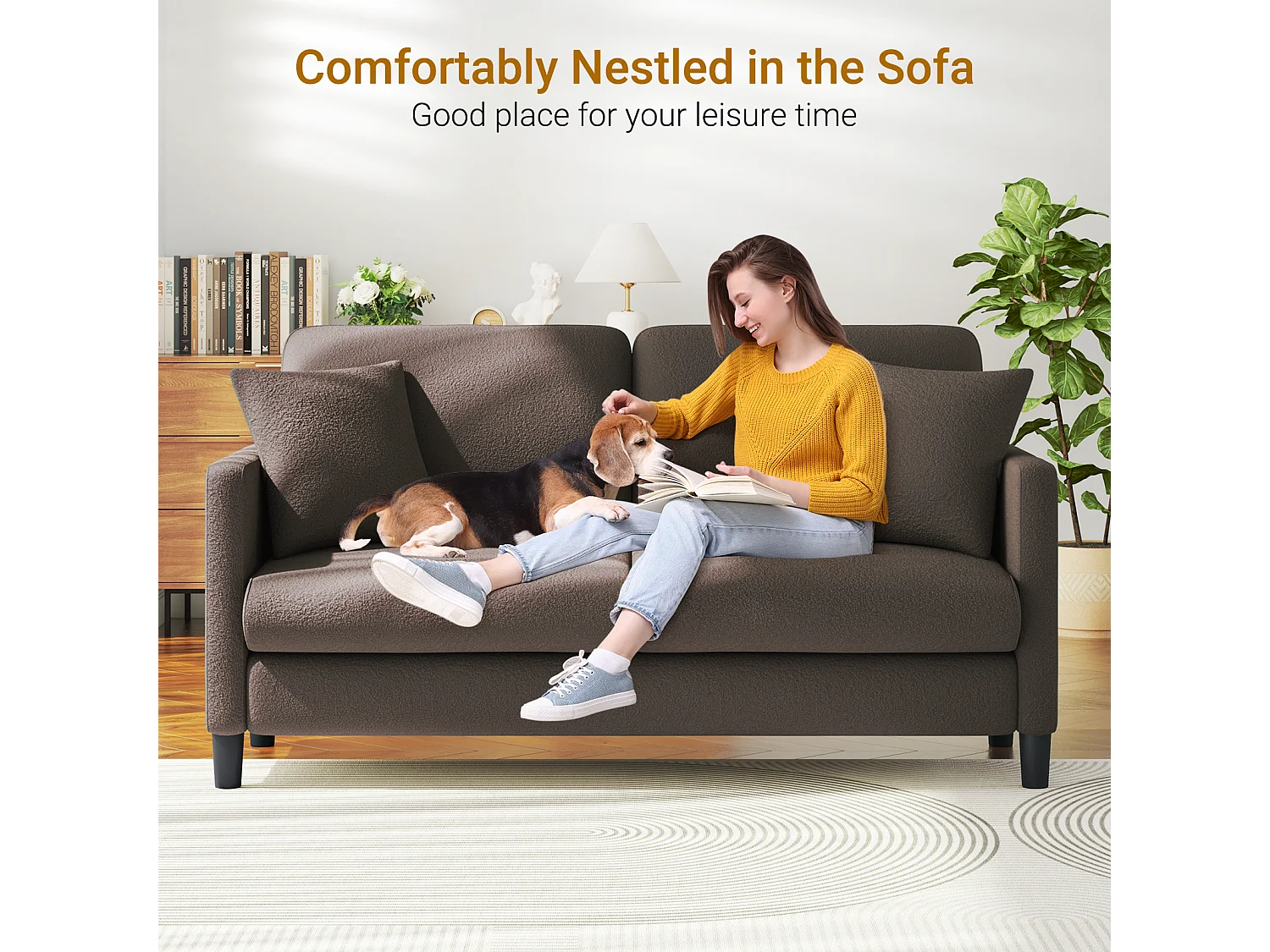 Canapé 2/3 Places en Velours Teddy,Canapé Droit Confort en Bois Massif,Loveseat avec Accoudoirs,165x78x89cm,Marron