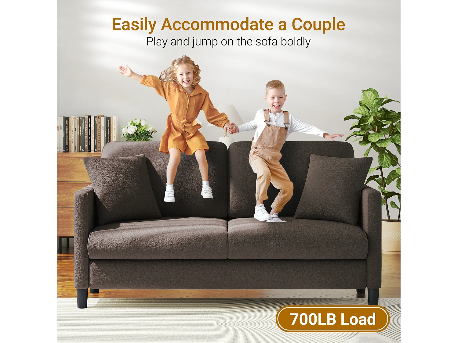 Canapé 2/3 Places en Velours Teddy,Canapé Droit Confort en Bois Massif,Loveseat avec Accoudoirs,165x78x89cm,Marron